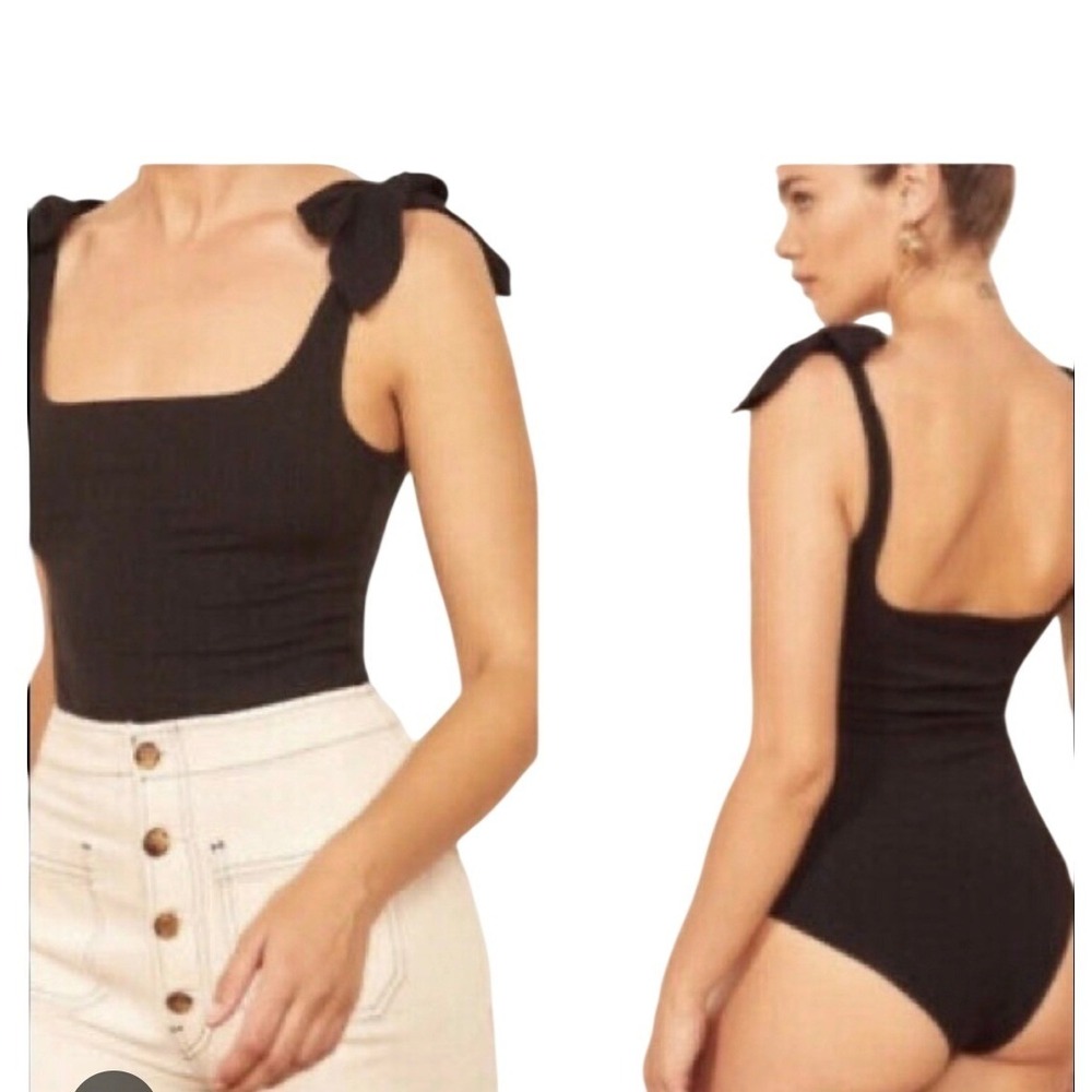 Reformation bodysuit Black Ribbed Square Neck Tie Shoulder Women's Size M